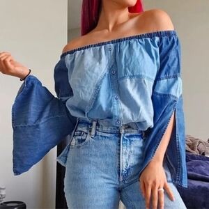 CLOTH & STONE WOMEN'S OFF THE SHOULDER DENIM PATCHWORK TOP SIZE SMALL